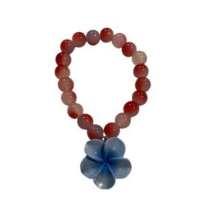 Red and White Beaded Flower Charm Bracelet Handmade